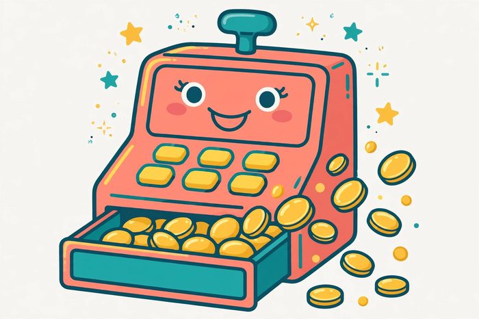 Smiling cartoon cash register with coins popping out
